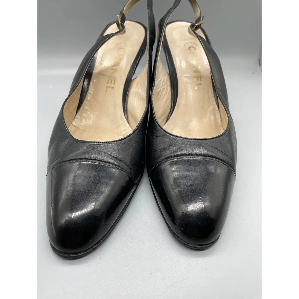 Vintage Chanel Black Leather Patent Cap Toe Slingback Pumps Heels Italy Sz 40/10